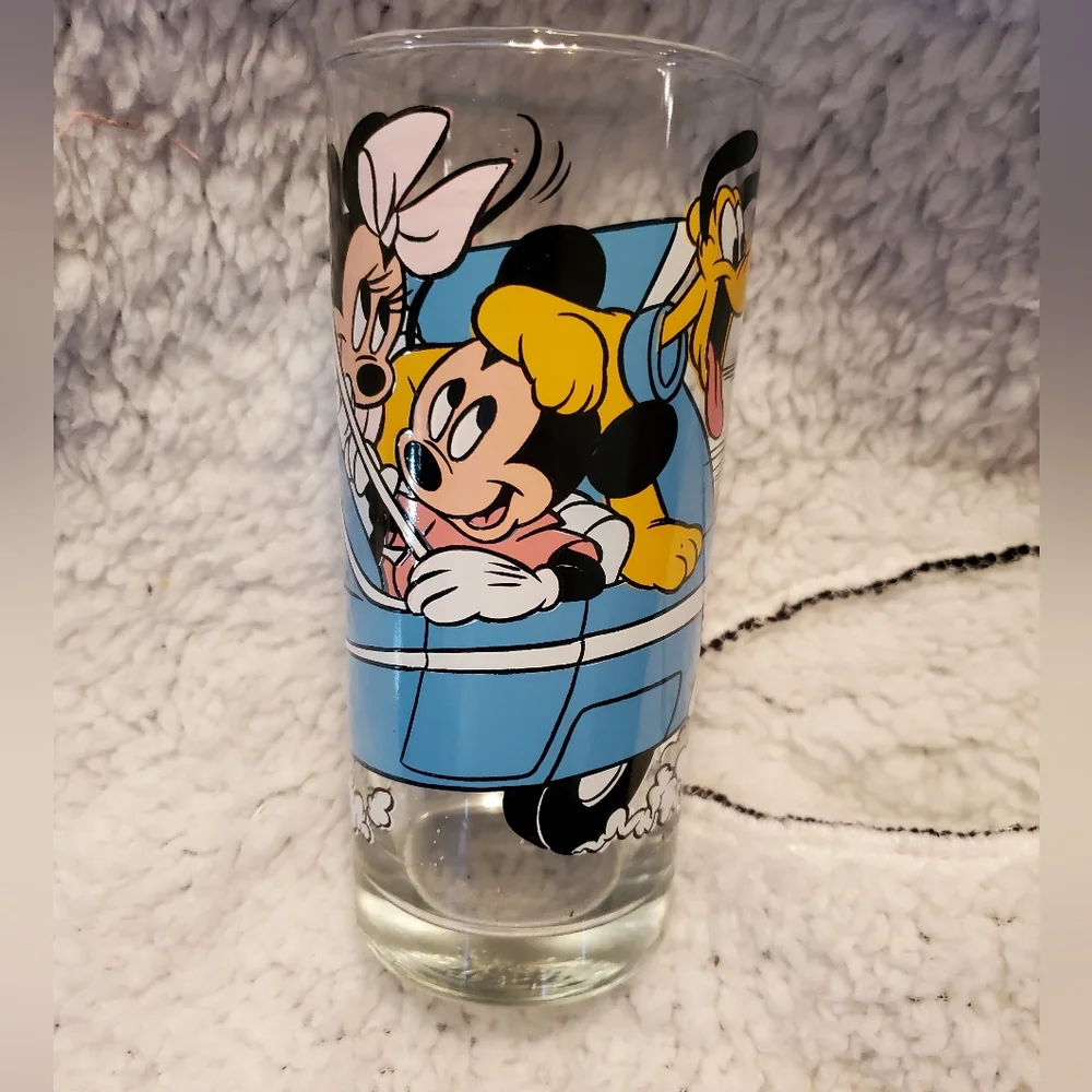 Disney Mickey Mouse Drinking Glass Cup VINTAGE Minnie Pluto Car